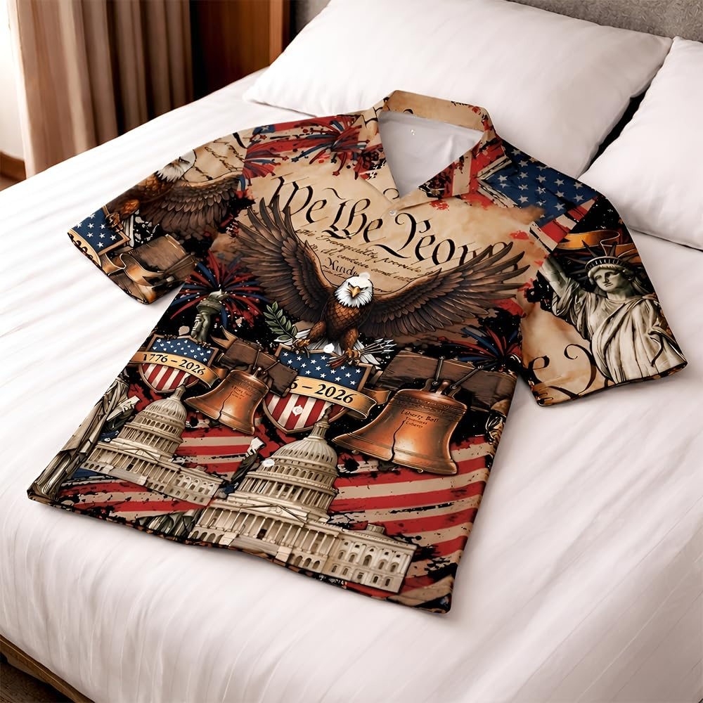 USA 250th Anniversary Hawaiian Shirt, Patriotic Eagle & Statue of Liberty 250 Years of Freedom Gift for Men V5