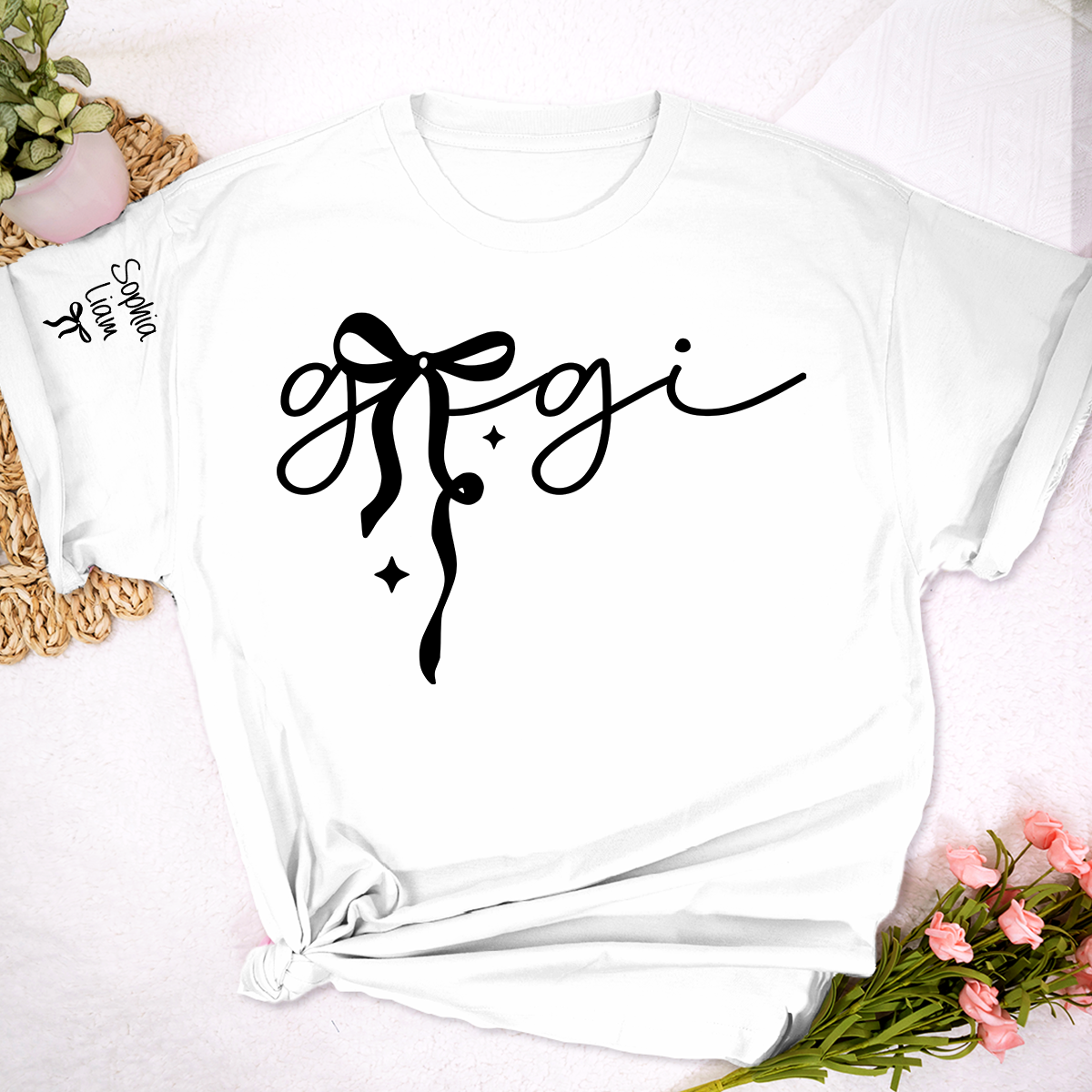 Gigi Script Bow T Shirt, Modern Minimal Grandma Shirt, Personalized Name on Sleeve, Soft Casual Gift for Gigi Grandma