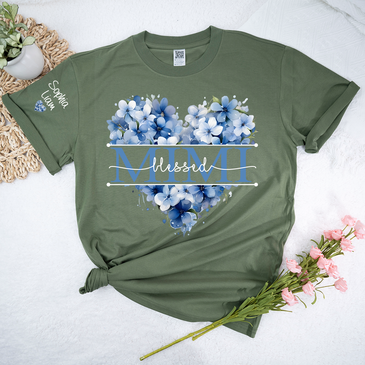 Personalized Blessed Mimi Floral Heart T Shirt, Custom Family Names with Beautiful Blue Flowers, Perfect Gift for Mimi