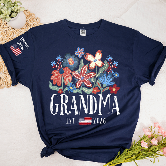 Personalized Flag America Grandma Floral Shirt with Custom Grandkids Names, Colorful Flower Design