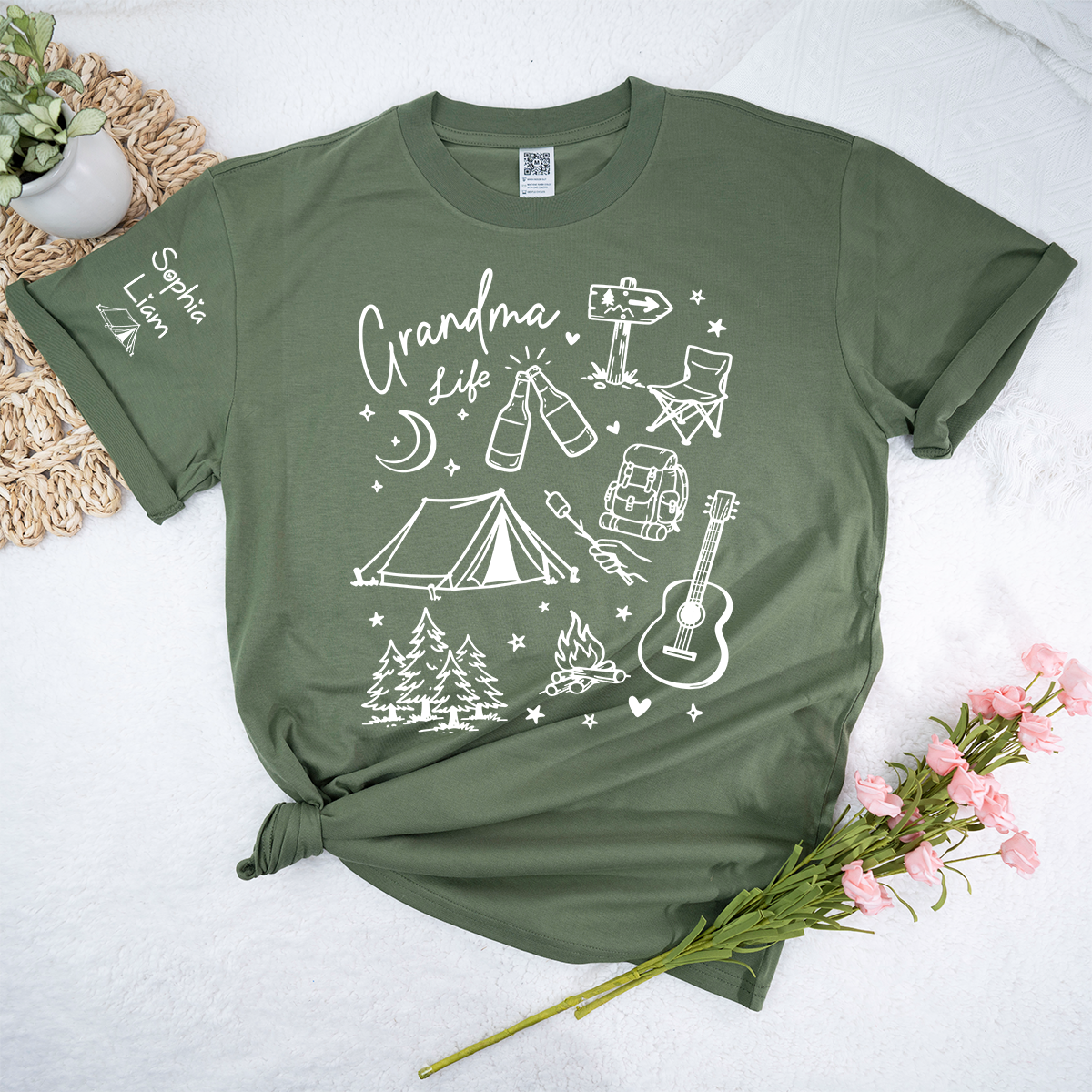 Custom Grandma Life Shirt, Camping Gear and Adventure Icons, Personalized with Name, Outdoor Fun T Shirt for Grandma