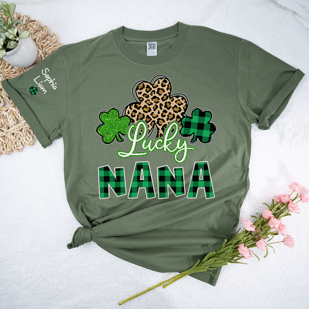 Personalized Lucky Nana T Shirt with Shamrock Pattern, St Patricks Day Grandma Shirt, Custom Name Nana Tee, Cute Irish Clover Design for Family Wear