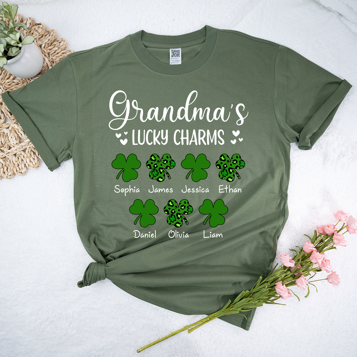 Grandma’s Lucky Charms Shirt, Personalized Grandma T Shirt with Grandkids Names, St Patrick’s Day Shamrock Family Tee for Grandma