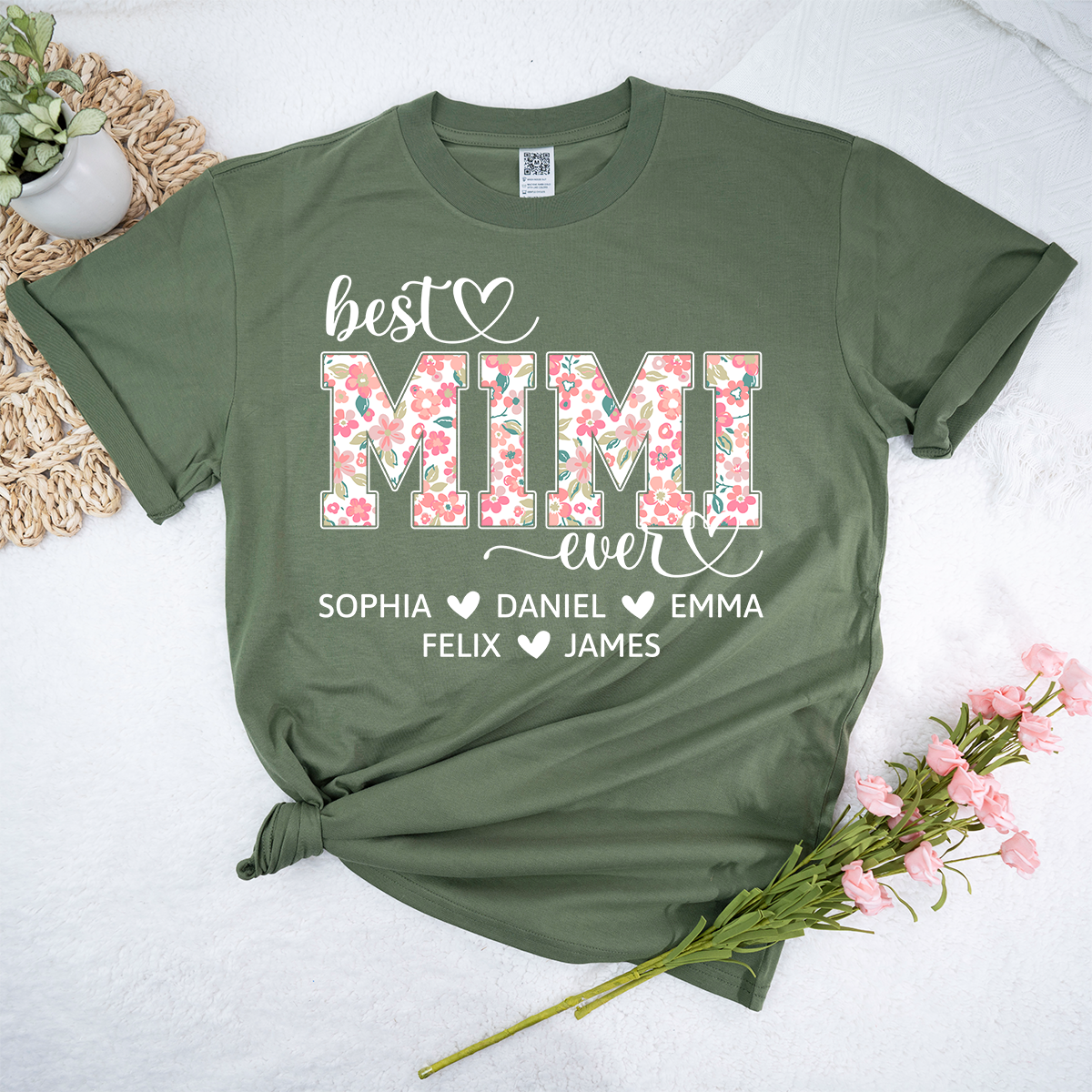 Best Mimi Ever Personalized T Shirt, Custom Floral Design with Grandkids Names