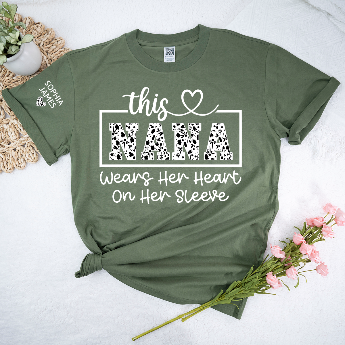 This Nana Wears Her Heart on Her Sleeve Floral T-Shirt, Custom Nana Gift for Grandmother
