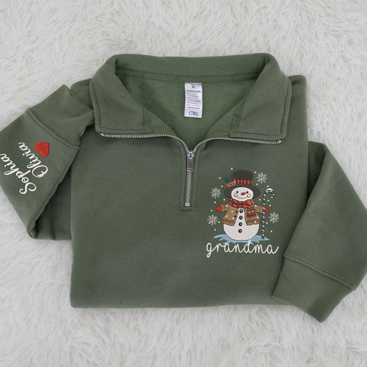 Personalized Grandma Christmas Quarter Zip, Custom Embroidered Snowman Sweater