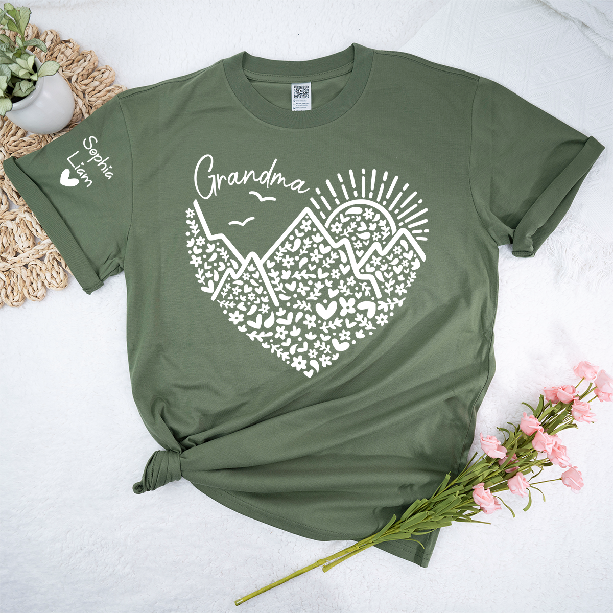 Personalized Grandma Mountain Heart Shirt, Custom Grandma T Shirt with Kids Names on Sleeve, Floral Family Gift for Women