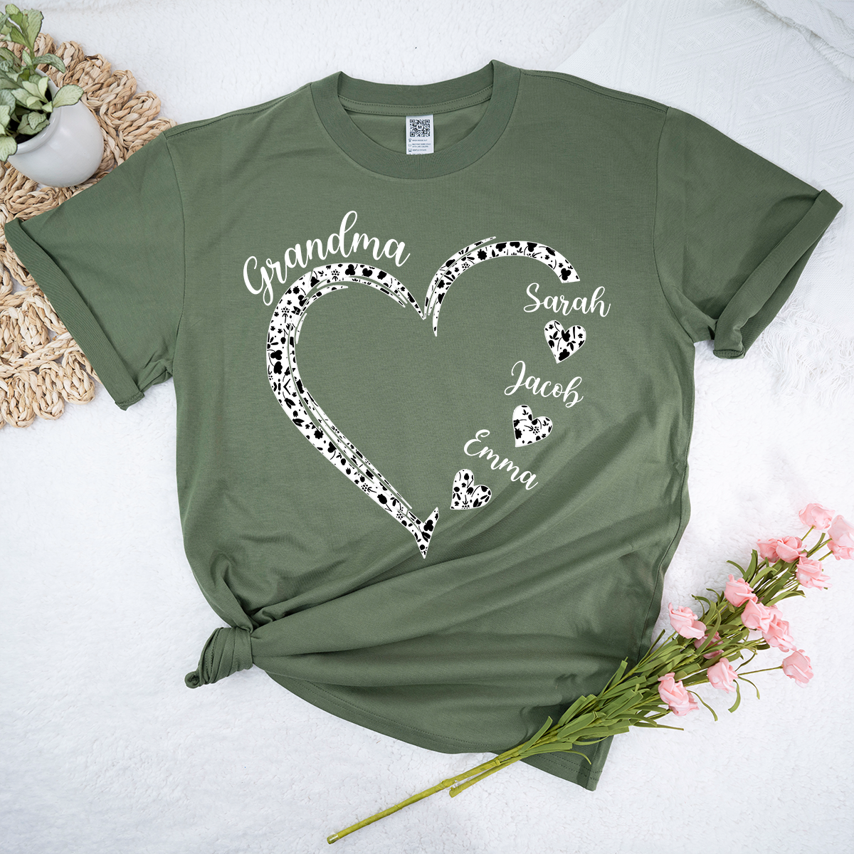 Personalized Grandma Shirt with Grandkids Names, Custom Heart Grandma T Shirt Gift