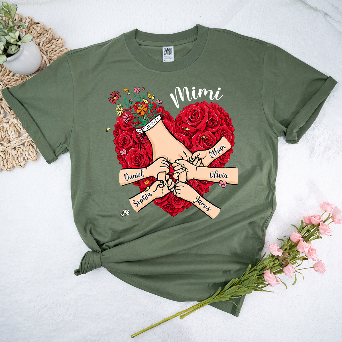 Mimi Heart Shirt, Custom Floral Handprint Family Shirt, Personalized Grandkids Names Tee, Special Gift for Mimi