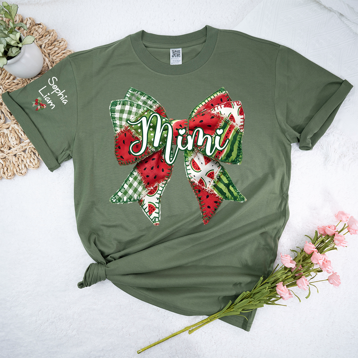 Personalized Mimi Watermelon Bow Shirt, Custom Grandma T Shirt with Grandkids Names, Summer Family Tee for Nana Gigi Mimi