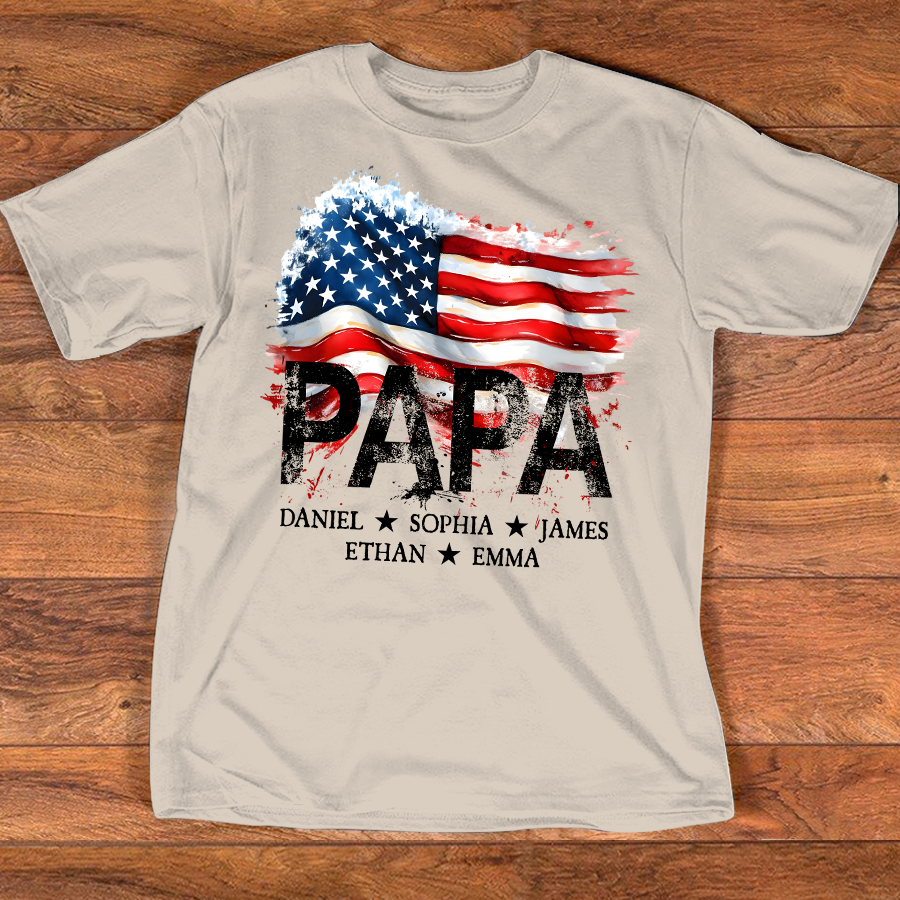 Papa American Flag Shirt, Personalized Papa Tee with Kids Names, Patriotic Grandpa Gift, Custom Family Shirt for Dad