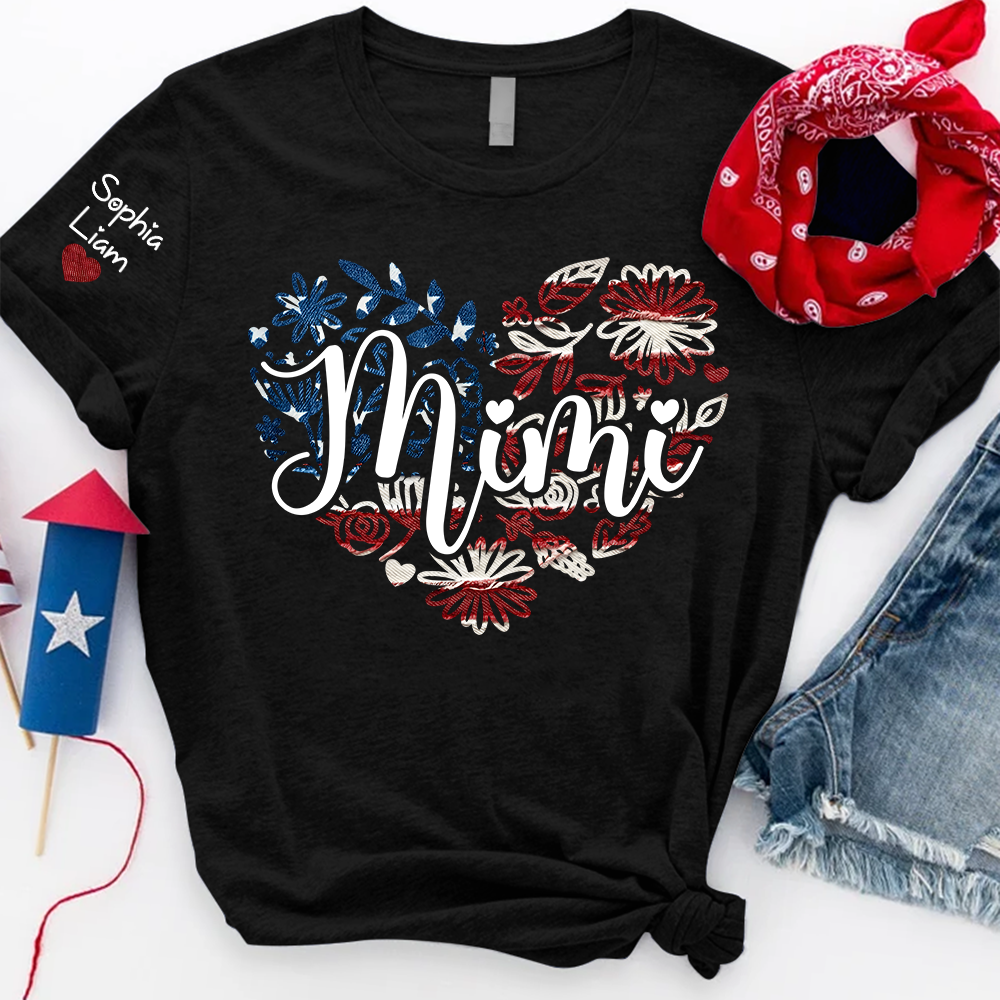 Custom Mimi T Shirt with Kids Names Patriotic Heart American Flag Floral Design Personalized Family Gift for Mimi