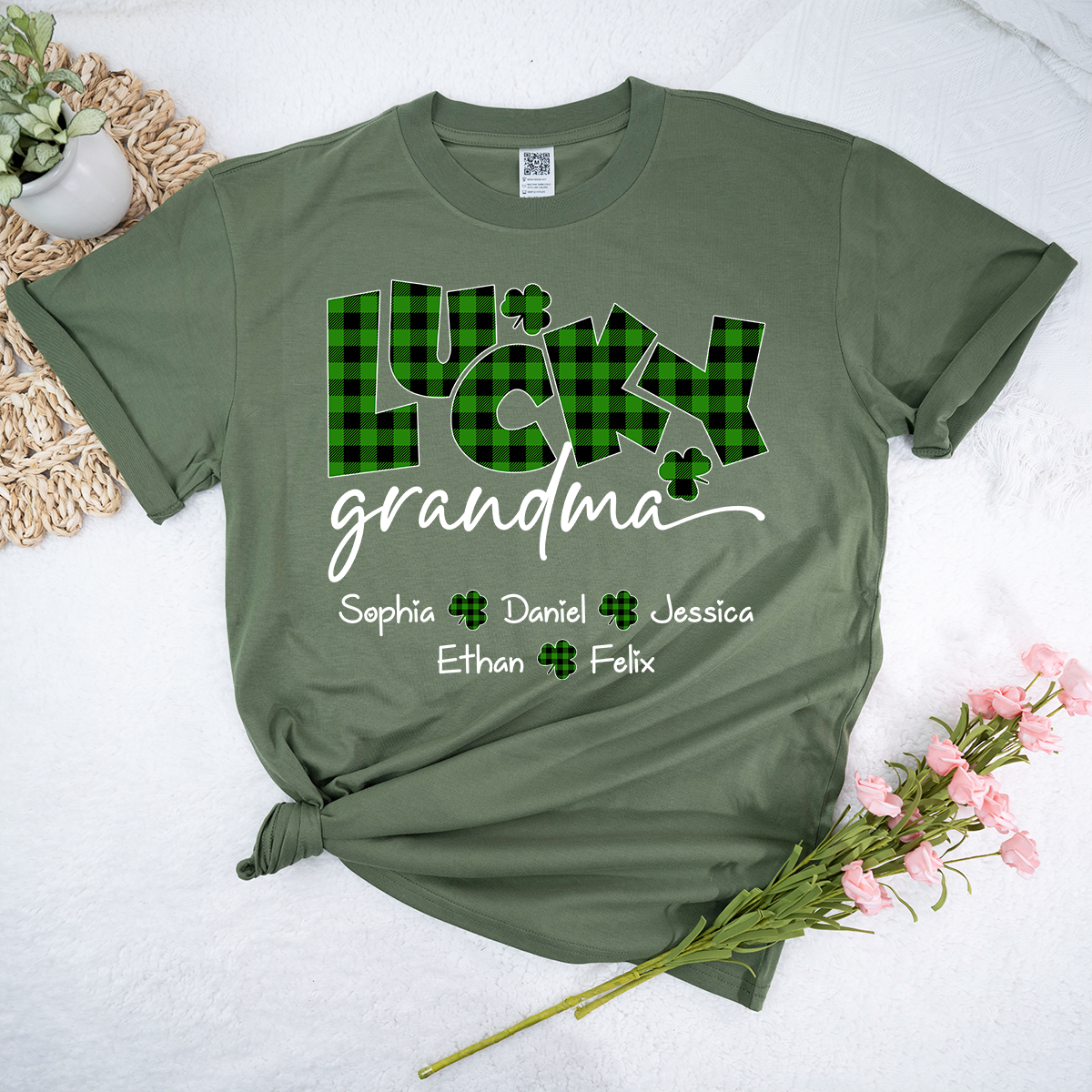 Lucky Grandma Personalized Shirt Clover Shamrock Artwork Custom Family Names St Patrick’s Day Celebration Tee