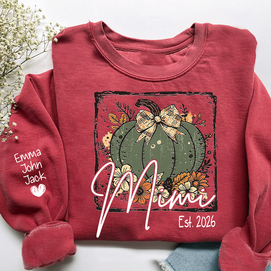 Mimi Pumpkin Shirt for Women, Floral Fall Bow Design Tee, Personalized Grandma T Shirt, Cozy Autumn Gift Idea