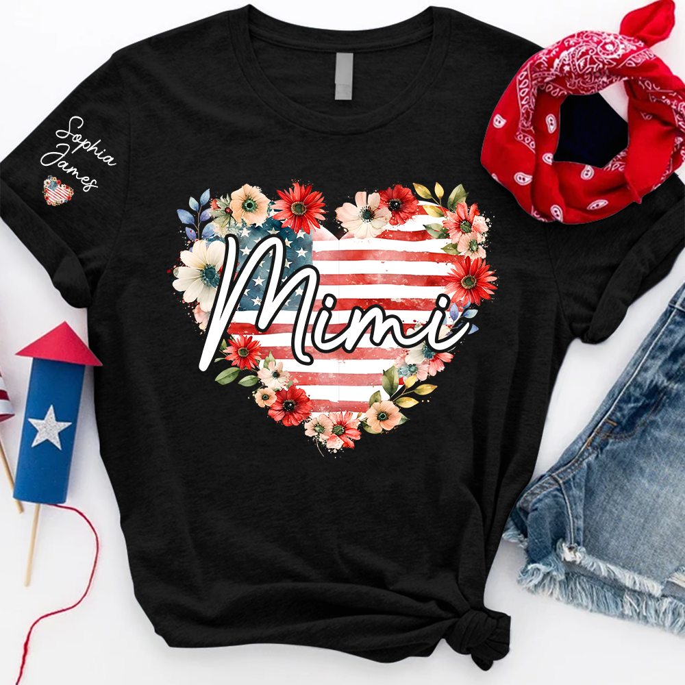 Floral Heart Mimi Shirt – Personalized Family Names with American Flag Design, Great Gift for Mimi