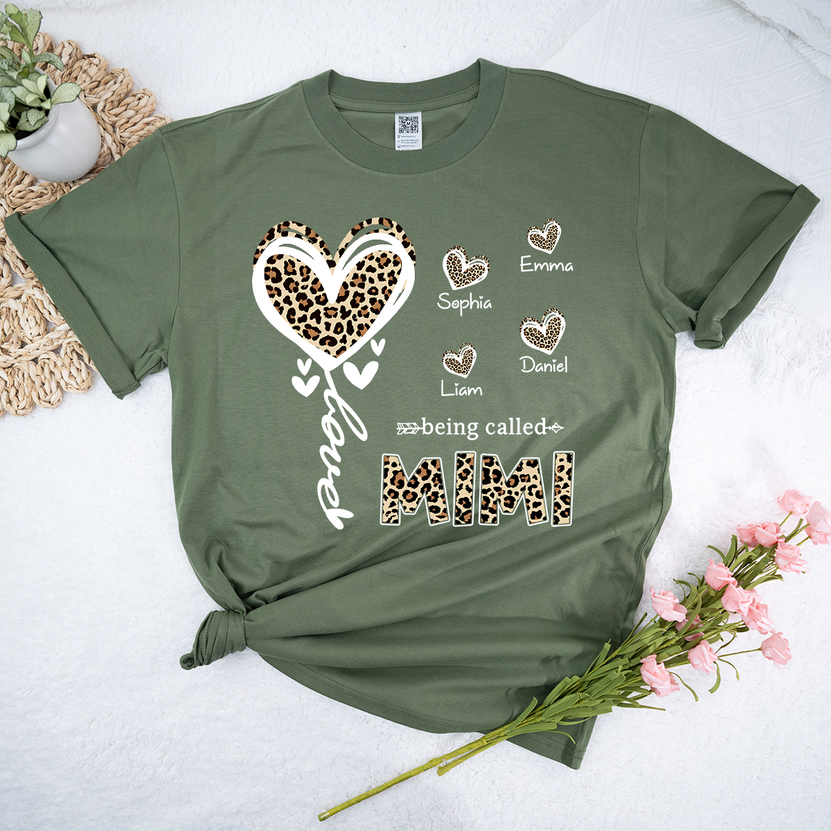 Personalized Mimi Grandma Shirt with Grandkids Names, Leopard Heart Being Called Mimi T-Shirt