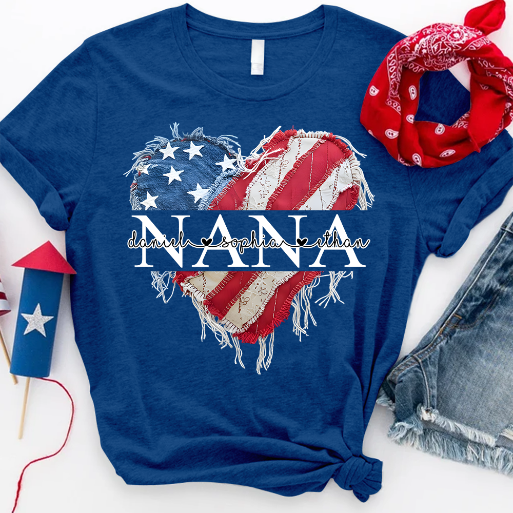 Personalized Nana T Shirt, Custom American Flag Heart Design with Family Names, Patriotic Gift for Nana