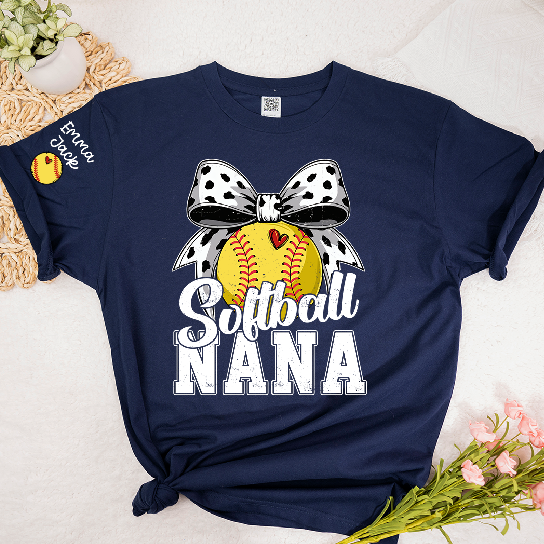 Proud Softball Nana T Shirt, Personalized Kids Names Sports Shirt with Bow Graphic