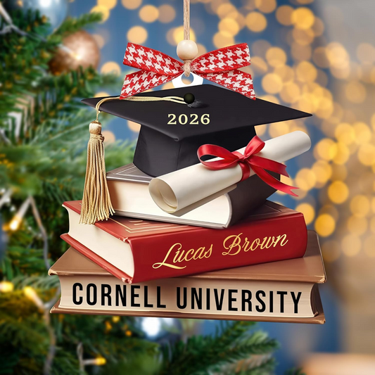 Personalized Graduation Ornament 2026 – Custom Name & University Cap and Books Christmas Decoration Ornament