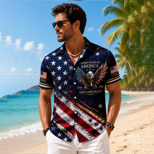 250 Anniversary USA Hawaiian Shirt 1776–2026, 4th of July Shirts, Patriotic Eagle Flag Button Down Shirts for Men
