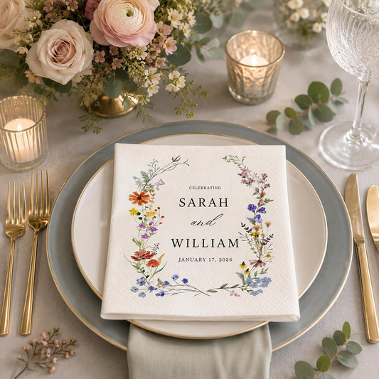Personalized Floral Wedding Napkins – Custom Name Elegant Wildflower Bridal Reception Decor