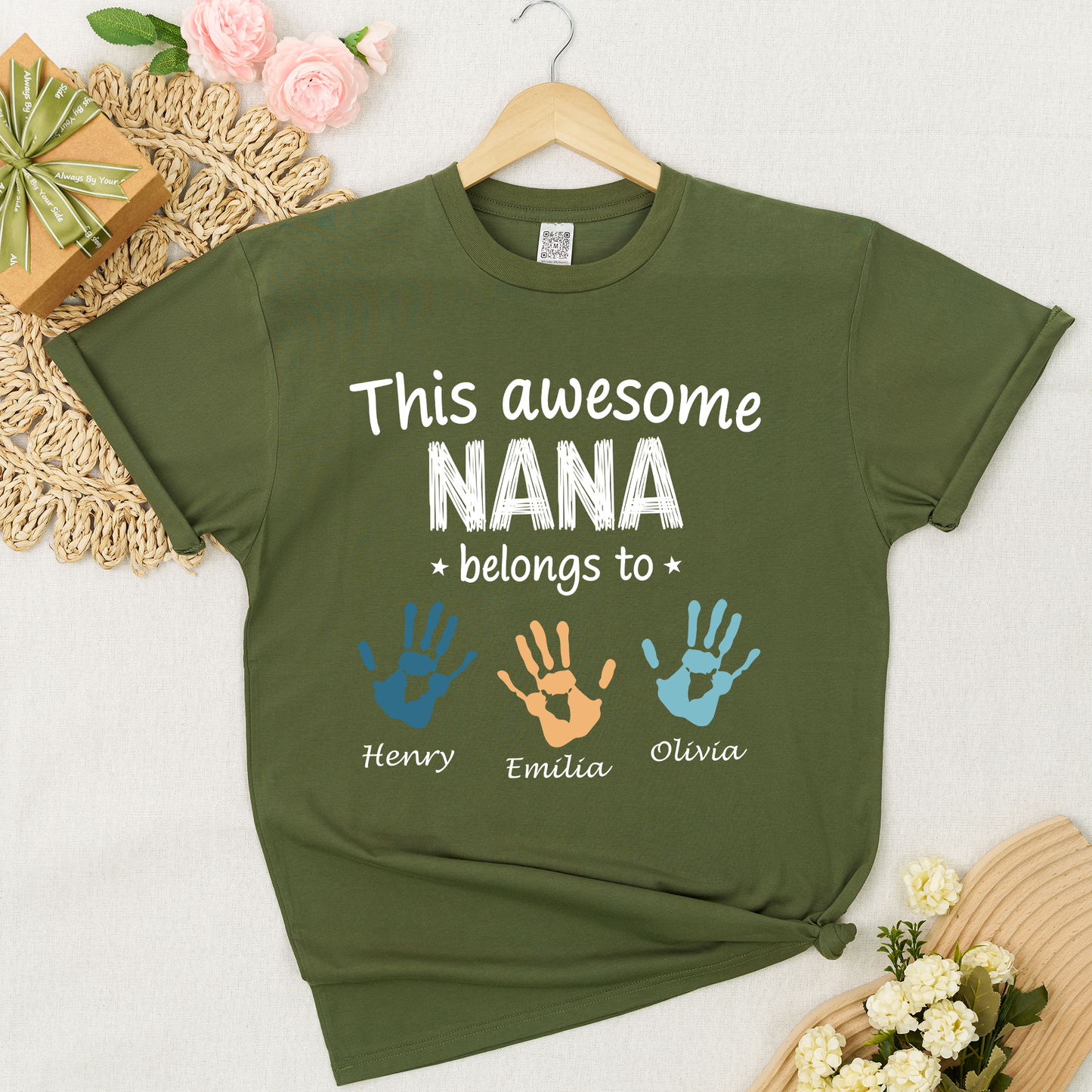 Personalized Nana Shirt with Kids Names & Handprints, Custom Grandma T Shirt, This Awesome Nana Belongs To, Gift for Nana from Grandkids, Family Matching Tee