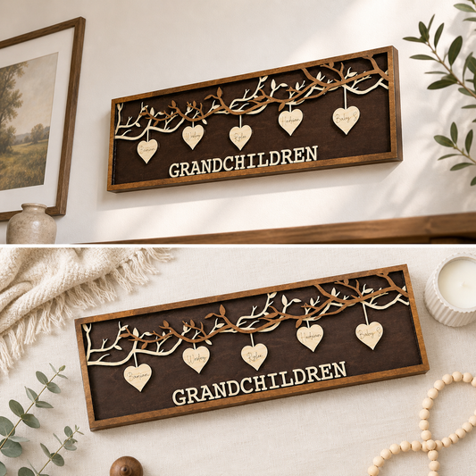 Personalized Grandchildren Wooden Sign, Custom Names Family Tree Decor, Unique Gift for Grandma Grandpa