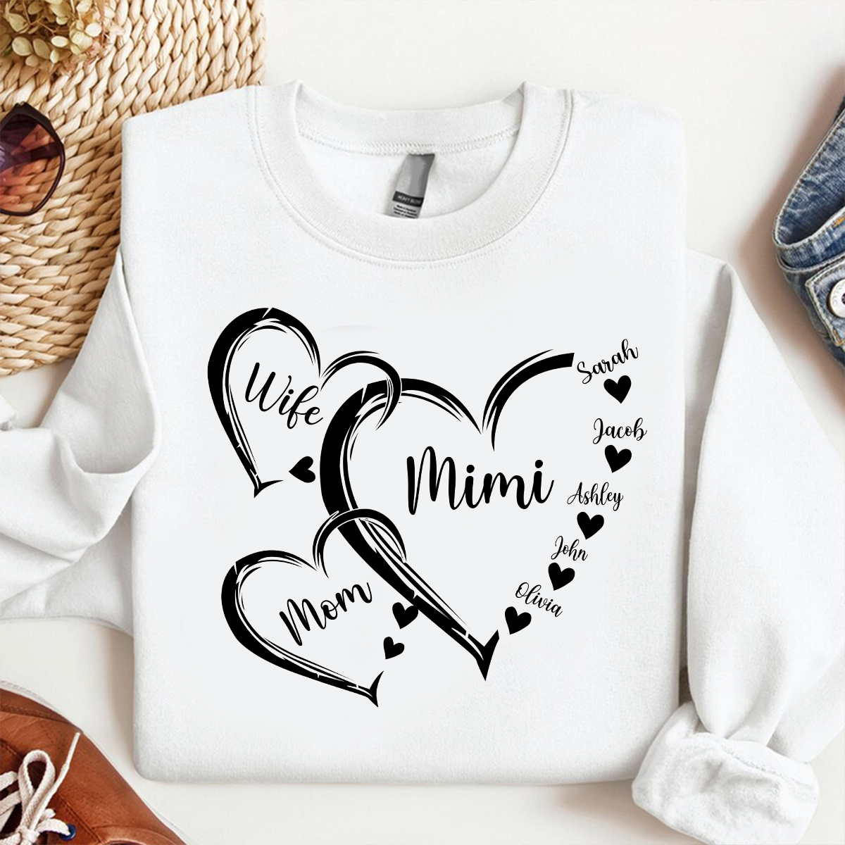 Personalized Wife Mom Mimi Heart Sweatshirt, Grandma Shirt, Grandma Heart with kidnames, Custom Grandma with kidnames