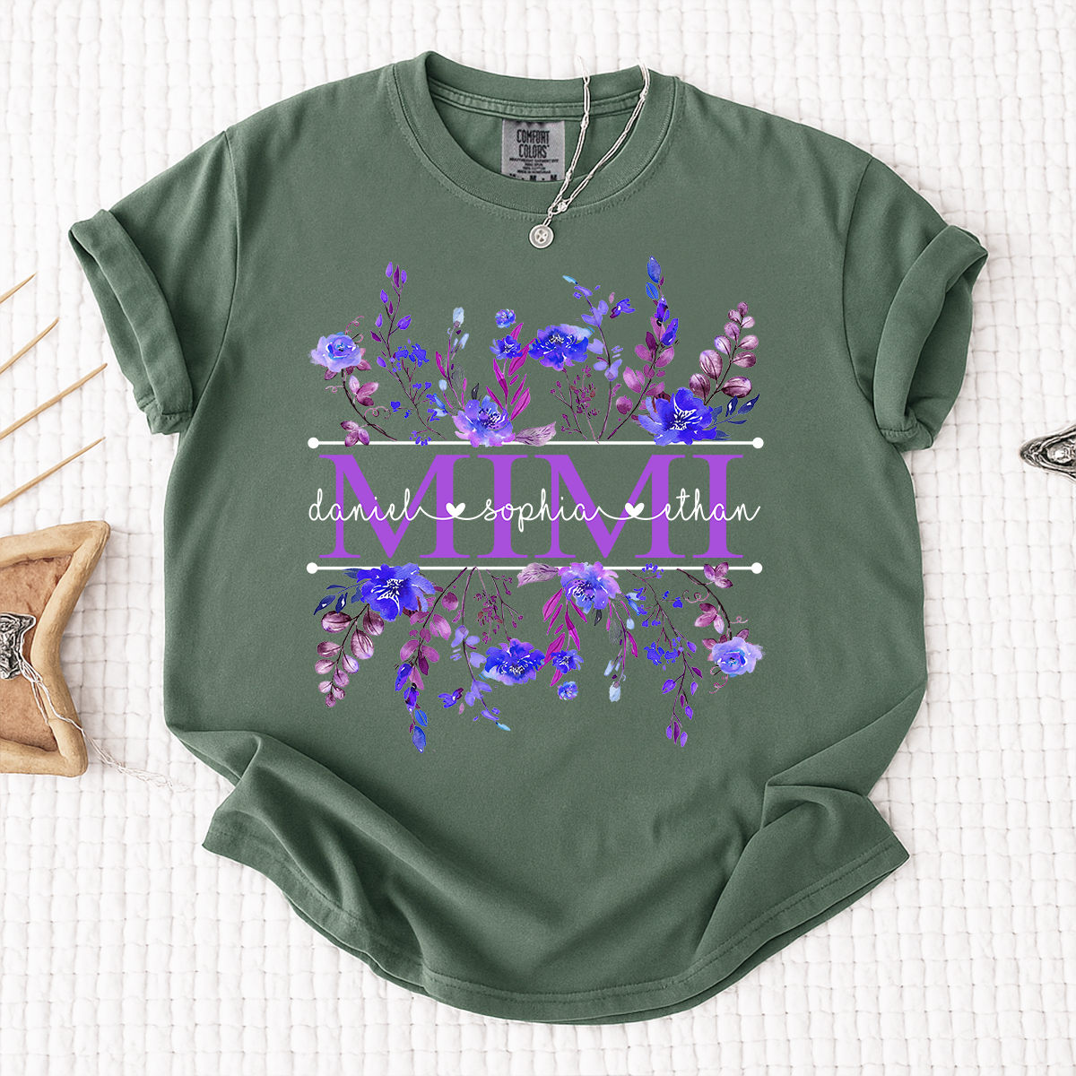 Comfort Colors Personalized Mimi Shirt with Purple Wildflower Design – Custom Grandma Gift with Grandkids Names