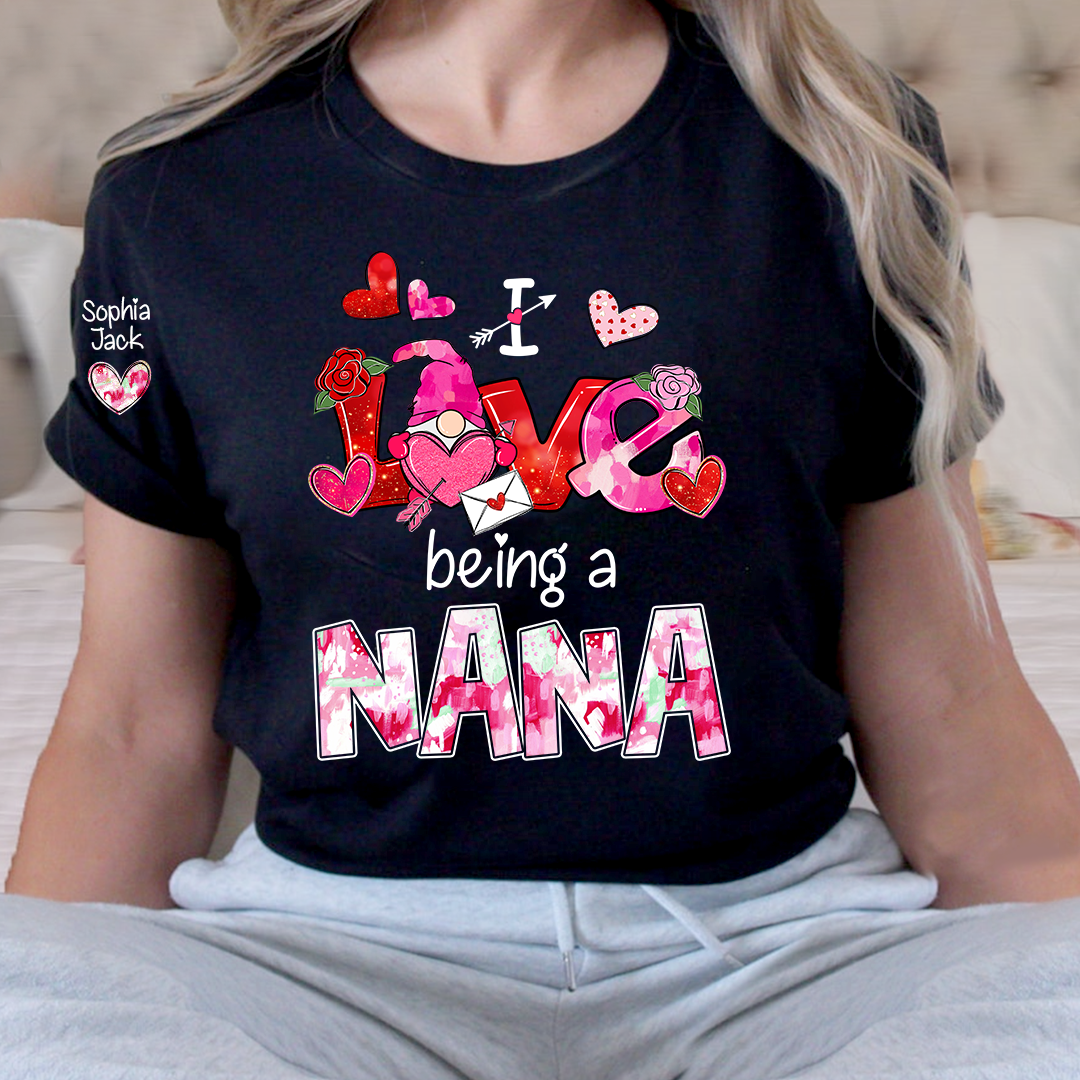 Personalized I Love Being A Nana Valentine T-shirt, Cute Bow and Strawberry Design for Grandma and Kids