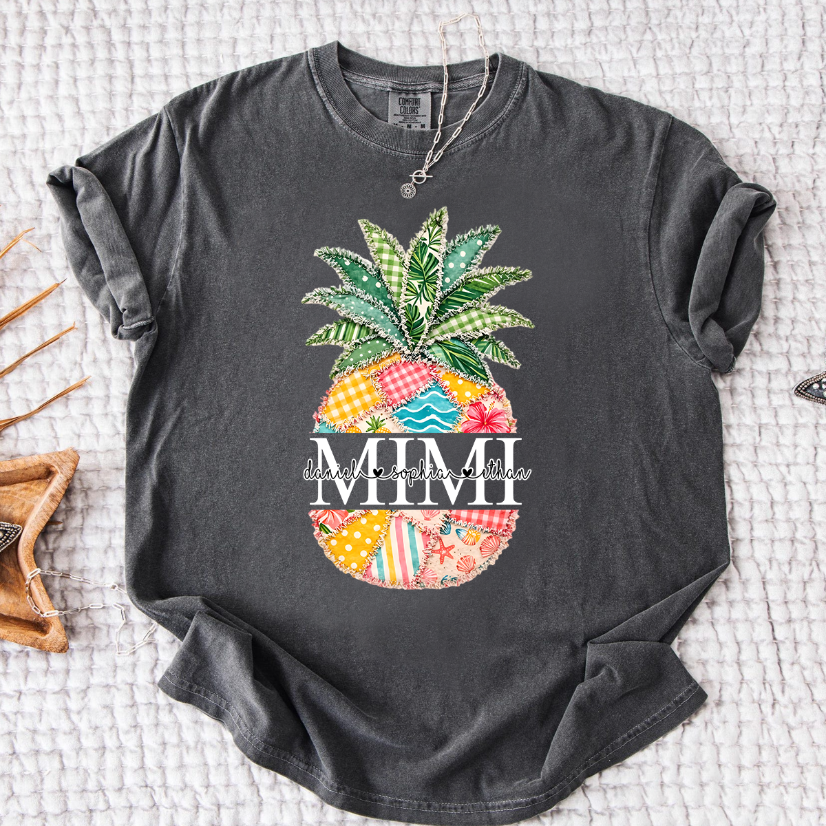 Comfort Colors Custom Mimi Pineapple Patchwork Shirt, Personalized Grandma Beach Tee with Grandchildren Names, Summer Family Gift