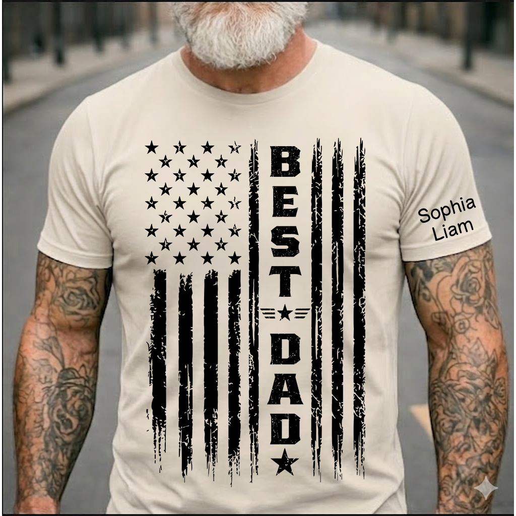 Best Dad Patriotic T-Shirt – Custom Kids Names American Flag Design Gift for Daddy Papa Fathers Day Birthday
