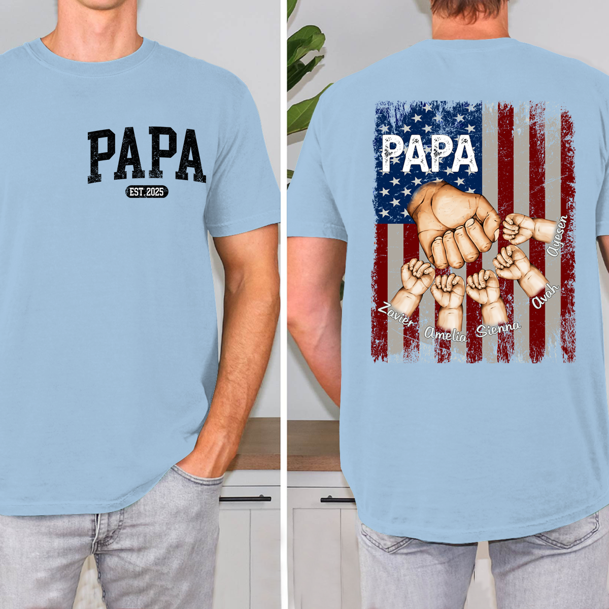 Personalized Papa Fist Bump Grandchild Names Shirt, Customized Fathers Day Grandkids Hands Name T-Shirt