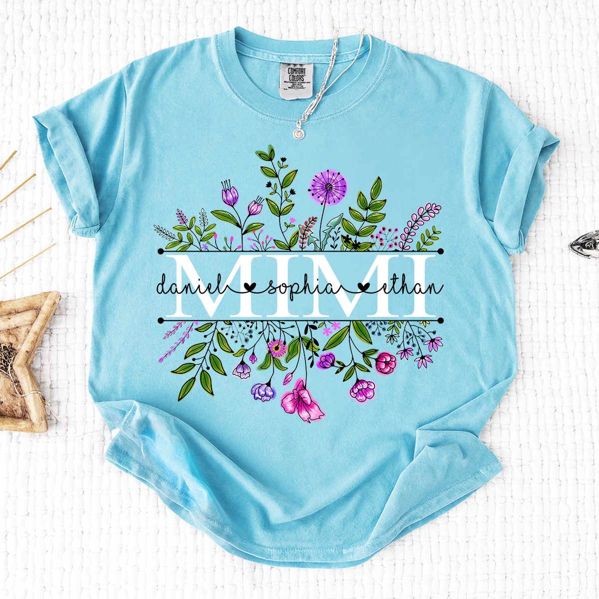 Comfort Colors Custom Mimi Shirt, Floral Graphic with Personalized Grandkids Names, Perfect Gift for Grandma