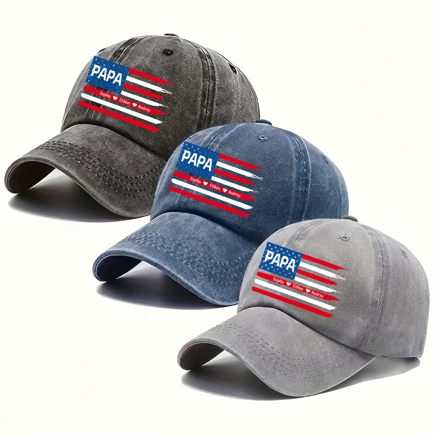 Personalized Papa American Flag Hat Custom Kids Names Baseball Cap Gift For Dad Grandpa Father’s Day Patriotic Adjustable Navy Blue Cap