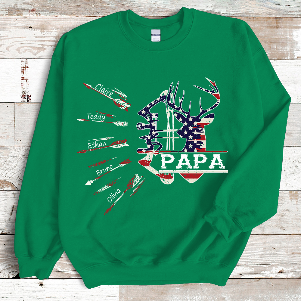 Papa Bow Hunting USA Flag Personalized Grandpa Sweatshirt
