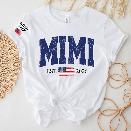 Patriotic Mimi T Shirt, Vintage American Flag Design with Custom Grandkids Names