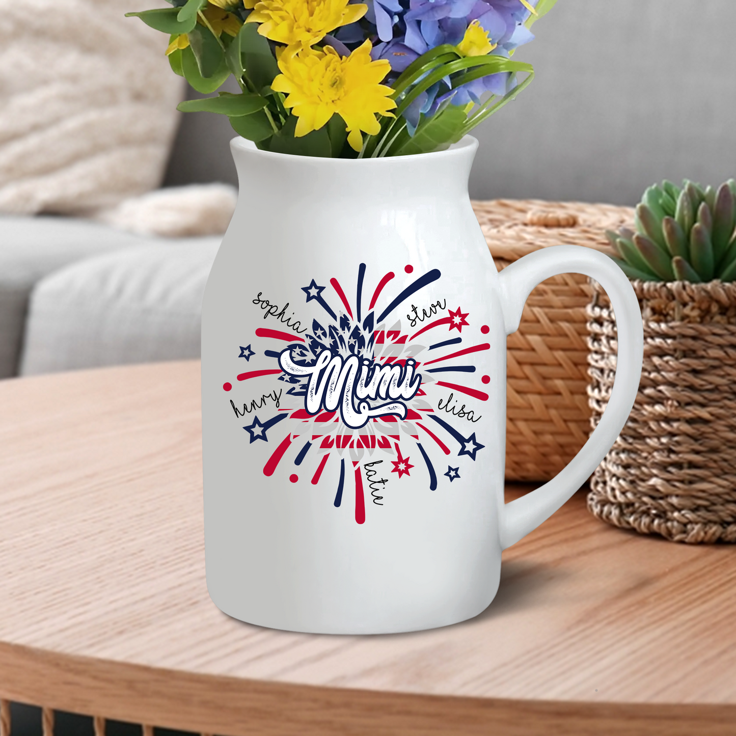Patriotic Fireworks Covered With Flag For Mimi And Kids - Custom Home Decoration Flower Vase According To Family Requirements, Ceramic Flower Vase