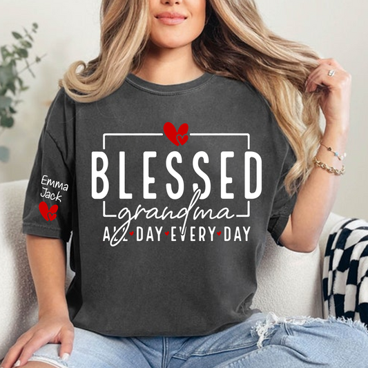 Blessed Grandma All Day Every Day Shirt, Personalized Family T Shirt with Grandkids Names and Heart Design