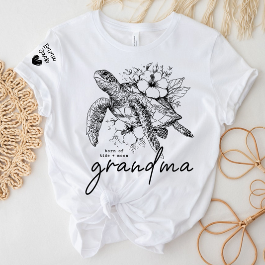 Custom Grandma Sea Turtle T Shirt, Personalized Grandchildren Names Sleeve Tee, Nature Lover Grandma Gift for Women