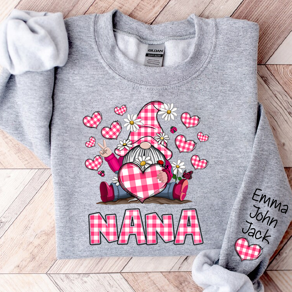 Pink Checkered Valentine's Day sweatshirt For Nana, Cute Gnome Dwarf Heart Design, Family love, Gift for Grandma