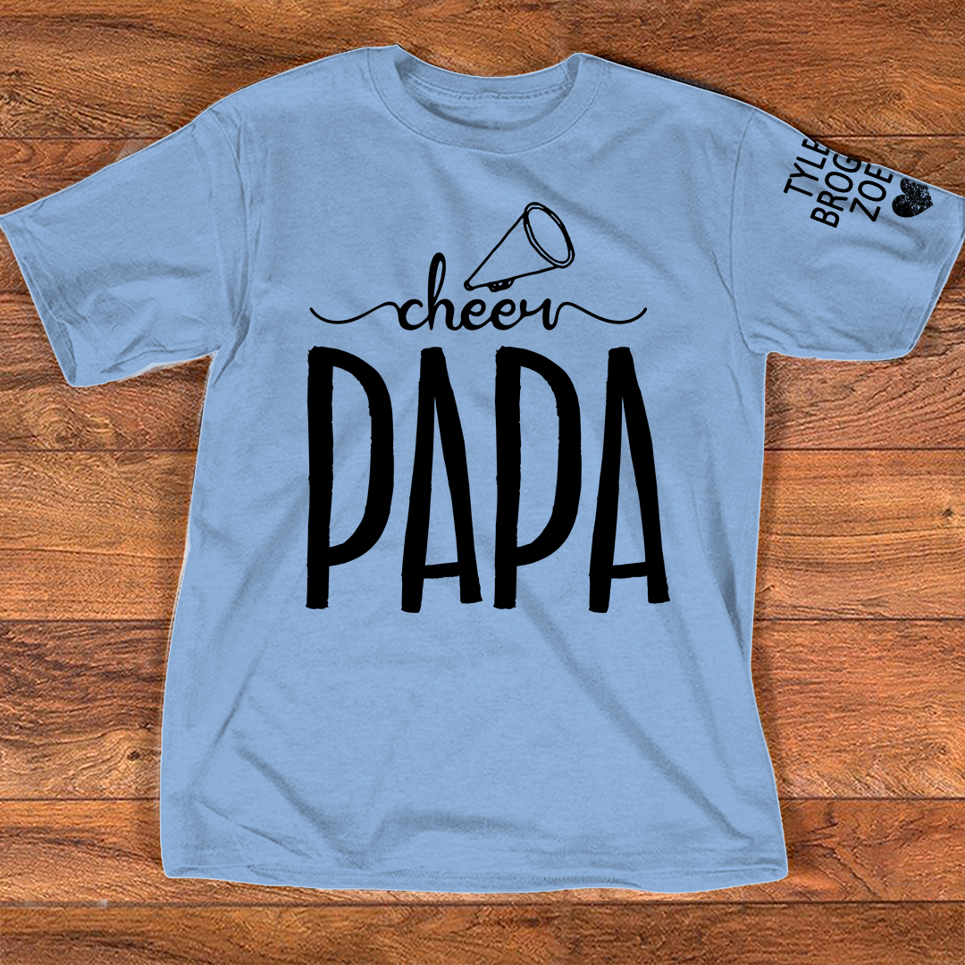 Custom Cheer Papa Tee, Personalized Dad's Cheer T-Shirt with Kid's Names