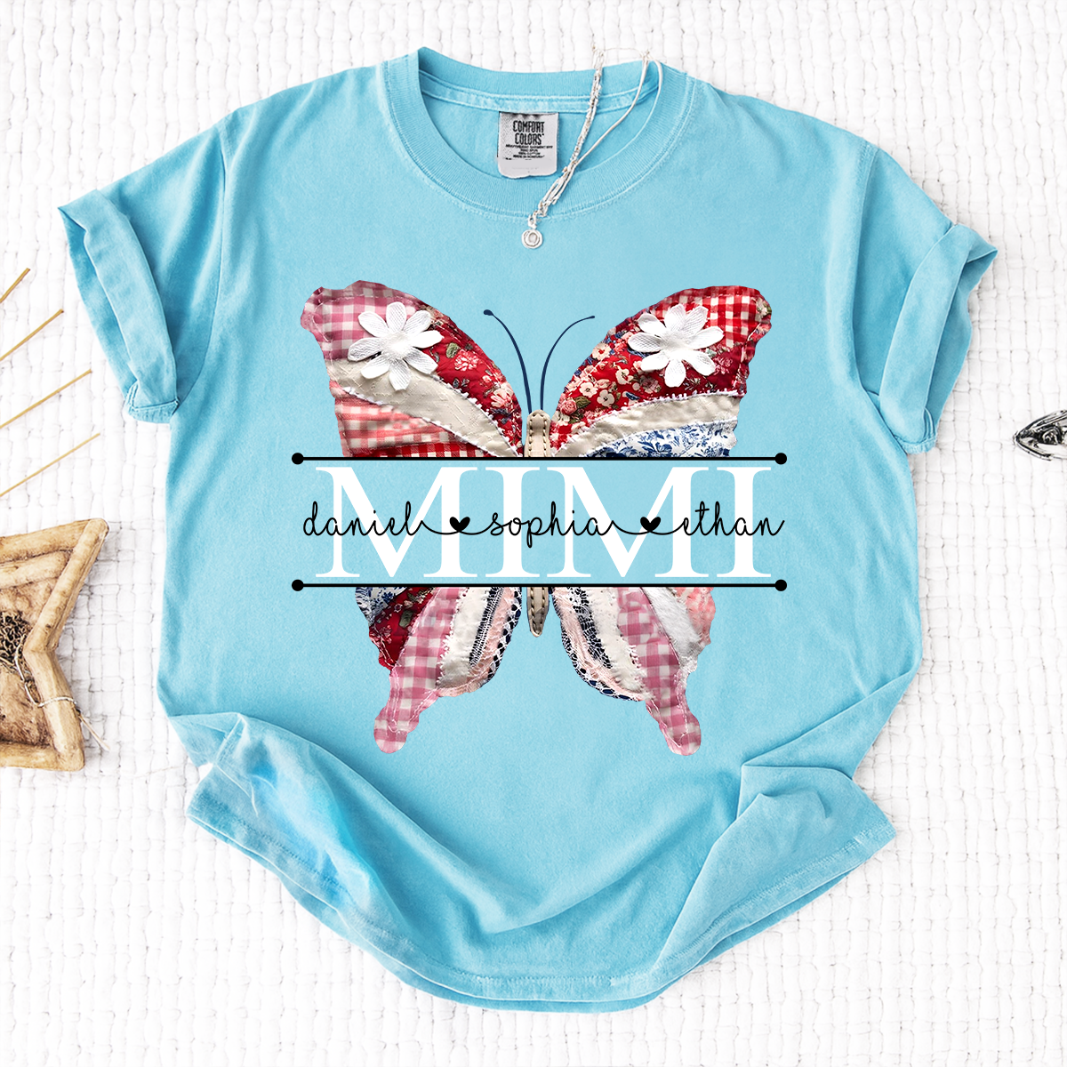 Comfort Personalized Mimi Shirt with Grandkids Names, Colorful Patchwork Butterfly Design Family Tee