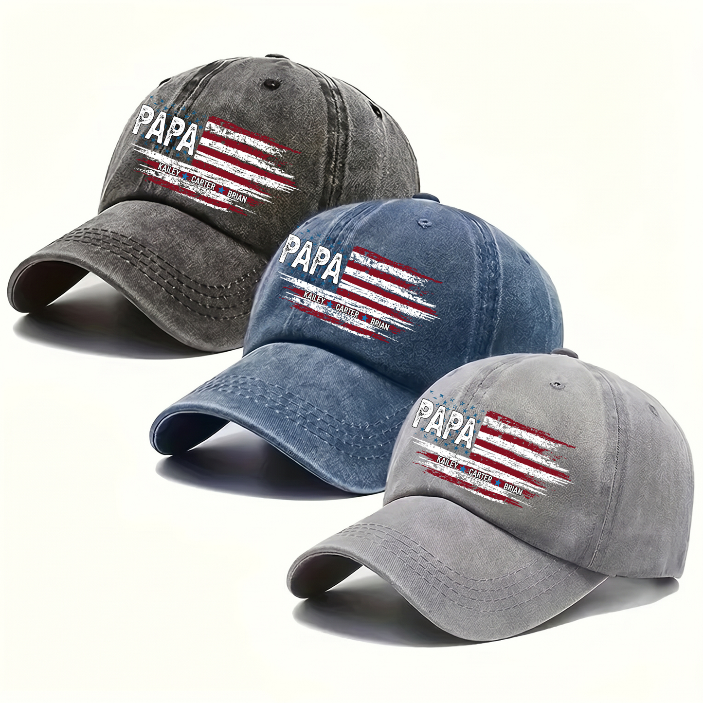 Father Day Shirt, Papa Ands Grandkids Flag American Personalized Custom Vintage Washed Denim Cap