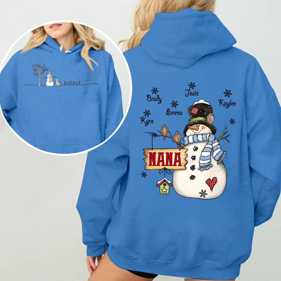 Custom Nana Snowman Hoodie - Personalized Grandma Christmas Sweatshirt with Grandkids' Names - Cozy Winter Holiday Gift