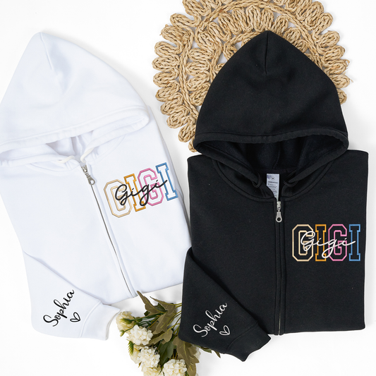 Personalized GIGI Zip Hoodie, Custom Grandma Name Sweatshirt with Sleeve Script, Oversized Full Zip Hoodie for Women, Cozy Casual Family Apparel
