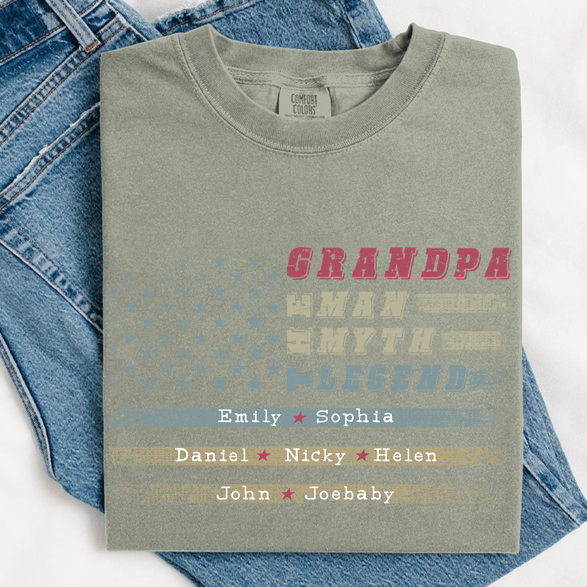 Grandpa The Man The Myth The Legend Shirt - Custom Comfort Colors Tee with Grandkids Names - Father's Day Gift
