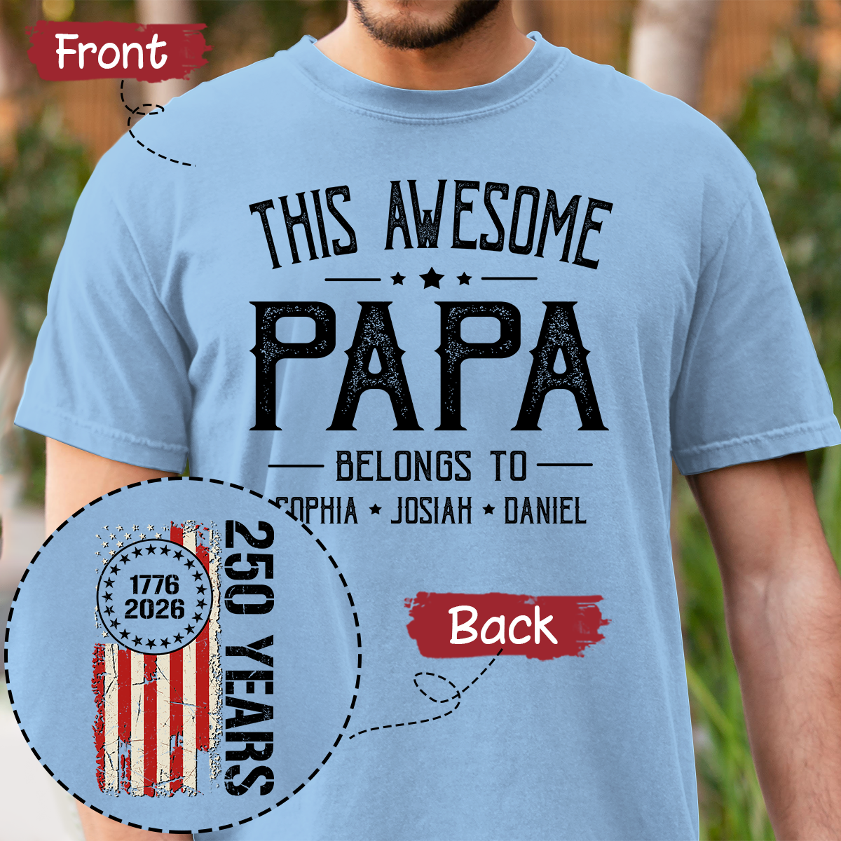 This Awesome Papa Shirt, Personalized Papa Tee with Kids Names, Patriotic 250 Years 1776-2026 Gift for Dad, Family Shirt