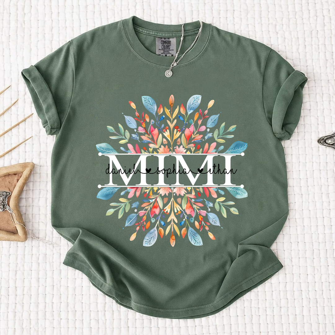 Comfort Colors Personalized Mimi Shirt with Floral Design – Custom Family Name Shirt for Grandma
