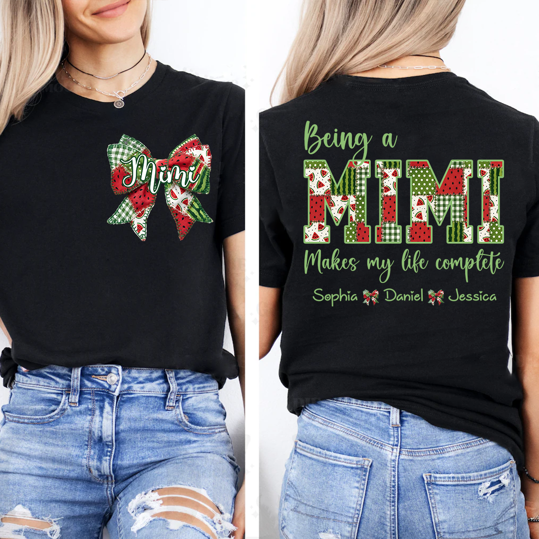 Personalized Mimi Watermelon Bow Shirt, Being a Mimi Makes My Life Complete T Shirt, Custom Grandma Gift with Grandkids Names